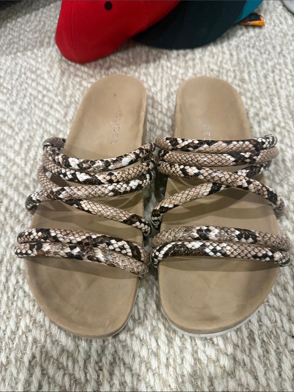 J Slides Beige and Brown Snake-Print Strappy Slide Sandals